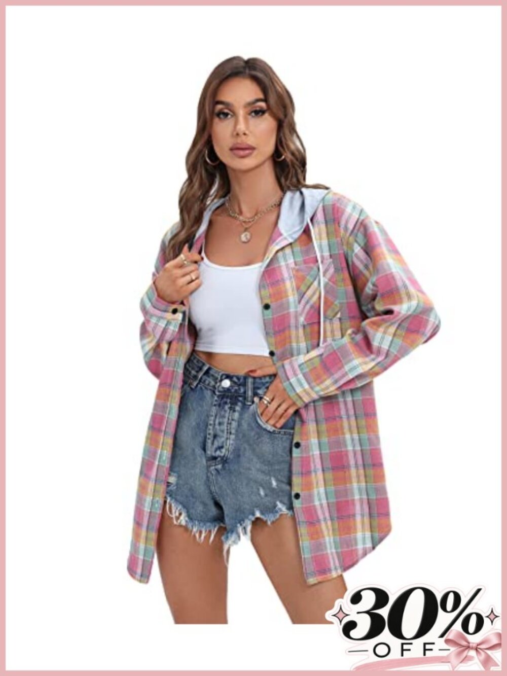 Womens Plaid Flannel Hoodie Oversized Button Down Shirt Jacket